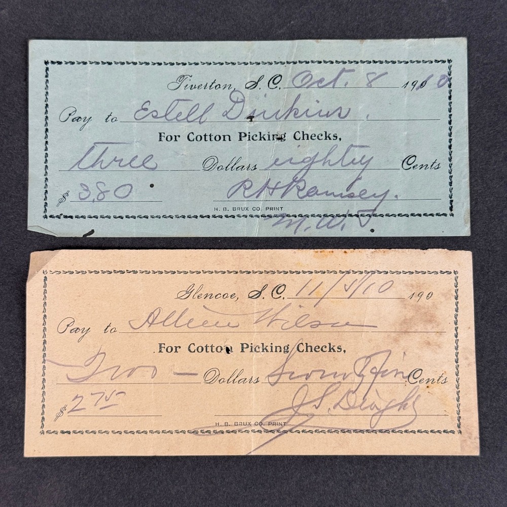c1900 South Carolina Cotton Picking Payroll Checks Lot of 2 Tiverton Glencoe SC
